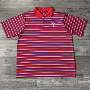Majestic Cool Base Philadelphia Phillies Red & Blue Striped Polo Shirt Men’s XL
